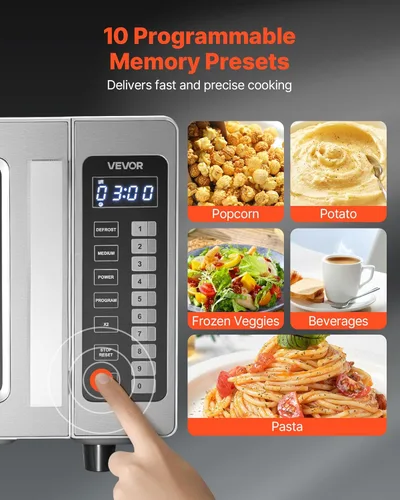 Miniatura 4 de VEVOR Horno microondas comercial, 0.9 pies cúbicos, 1000W Horno microondas digital de acero inoxidable para encimera con pantalla táctil, 10 ajustes