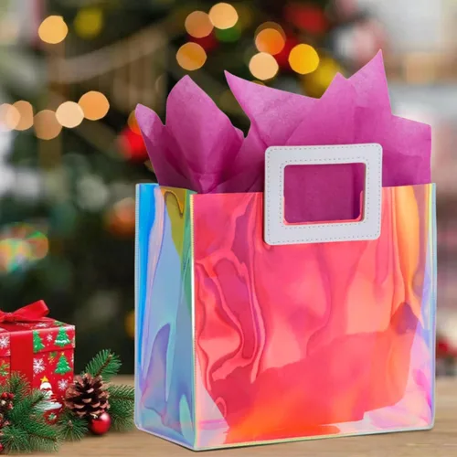 Miniatura 7 de Bolsa de Regalo Holográfica Grande con Papel de Seda Reutilizable, Bolsa de Regalo de Cumpleaños para Mujeres y Niñas, Iridiscente, Despedida de L