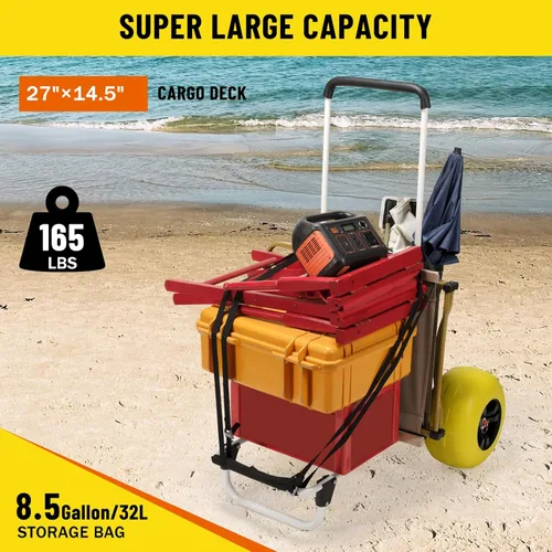 Miniatura 2 de Carrito de Pesca para Playa, Ruedas de Globo Grandes de 13" con Neumáticos Sólidos de PU Sin Pinchazos para Arena, Carrito de Arena Plegable