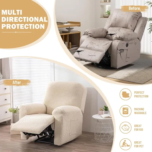 Miniatura 5 de vctops Funda repelente al agua para silla reclinable de 4 piezas con bolsillo lateral, diseño de hojas de jacquard, elástica, suave, protector