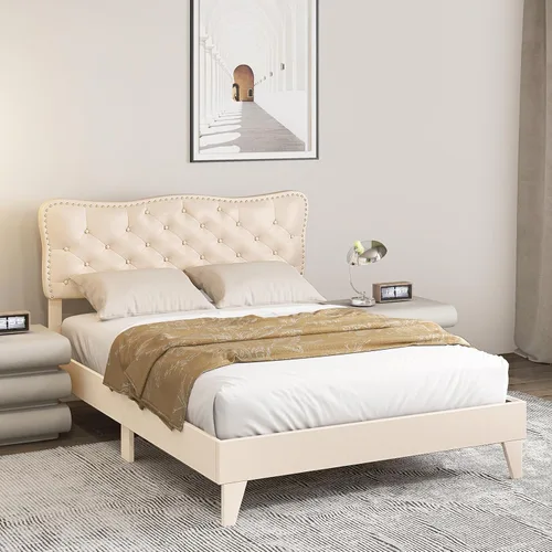 Giantex Base de cama tamaño matrimonial color beige, plataforma tapizada de tela de lino con cabecera de clavos, base de colchón con botones y