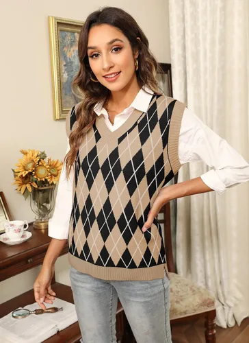 Miniatura 7 de HOCOSIT Chaleco de punto con cuello en V para mujer, estilo preppy a cuadros, sin mangas, suéter corto