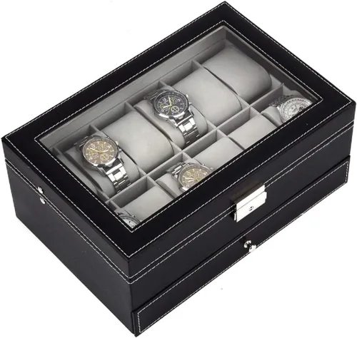 Miniatura 3 de Tebery Caja de reloj negra con 12 ranuras organizador de piel sintética con cajón de joyería para almacenamiento y exhibición