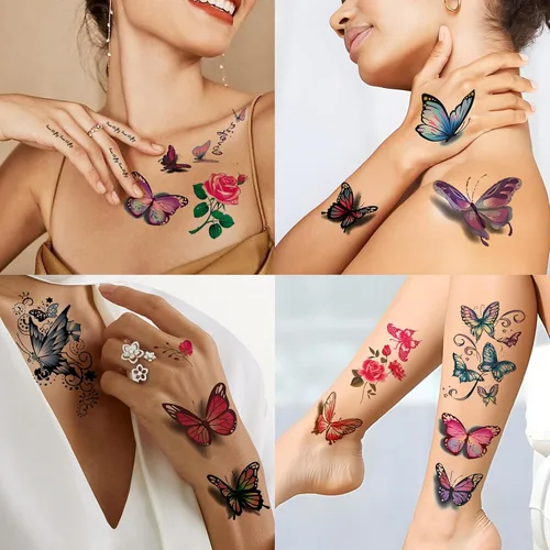 Miniatura 7 de 60 hojas de tatuajes temporales de flores 3D de mariposas para mujeres y niñas, calcomanías de tatuaje de rosas coloridas, impermeables