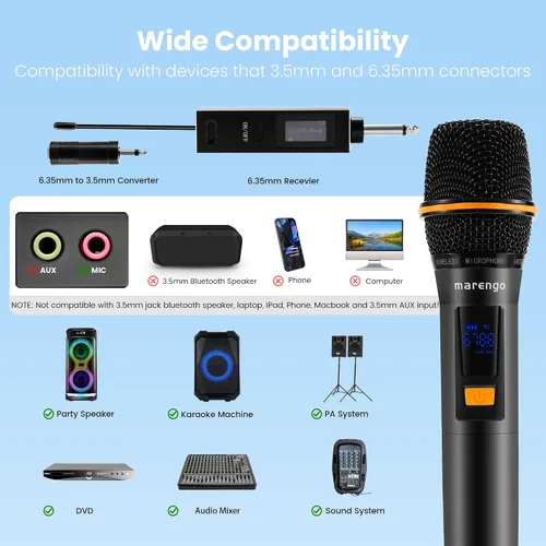 Miniatura 2 de Micrófonos inalámbricos, micrófono profesional UHF de metal dual para karaoke inalámbrico con receptor recargable (260 pies), conectar y usar