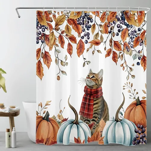 Miniatura 50 de LB Cortina de ducha de otoño para baño, divertido gato negro con fantasma en la bañera en el bosque de otoño, cortina de ducha de tela de cosecha