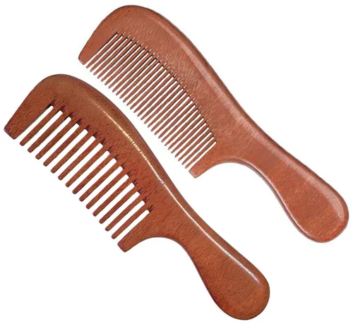 Juego de 2 peines de madera de sándalo, peine de madera de dientes anchos y finos para mujeres y hombres, peine de madera desenredante antiestático