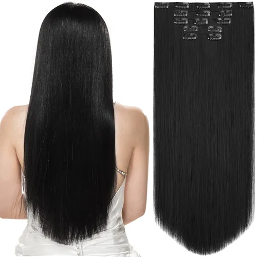 Miniatura 29 de Extensiones de cabello negro lacio, 2 juegos de extensiones de cabello con clip para mujeres, Halloween, 5 piezas de 22 pulgadas, piezas de cabello