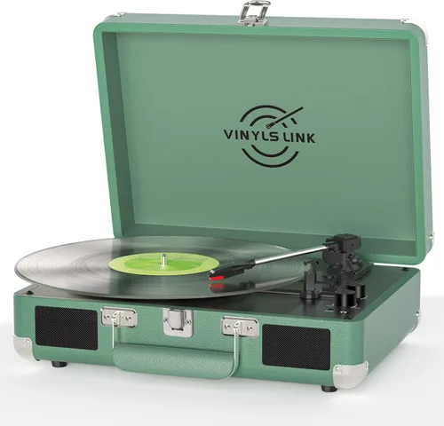 Miniatura 16 de VINYLSLINK Reproductor de discos de vinilo con Bluetooth, tocadiscos portátil de 3 velocidades con control de agudos y graves, altavoces estéreo Azul