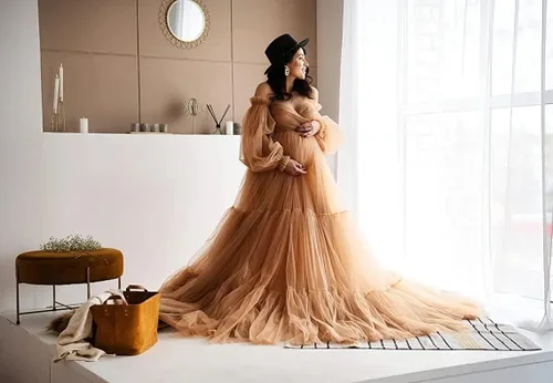 Miniatura 6 de Vestidos de maternidad de tul para sesión de fotos, batas de hombros descubiertos, manga larga, lencería nupcial, baby shower, vestidos de embarazo