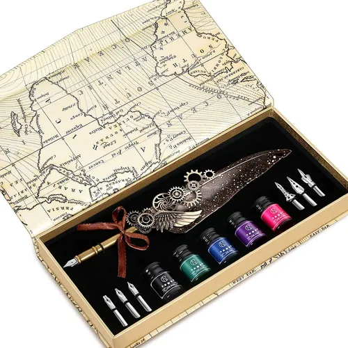 Miniatura 8 de NC Juego de tinta de plumas, incluye 5 botellas de tinta y 6 puntas reemplazables, bolígrafo mecánico para escribir, letras, diario, firma, Azul