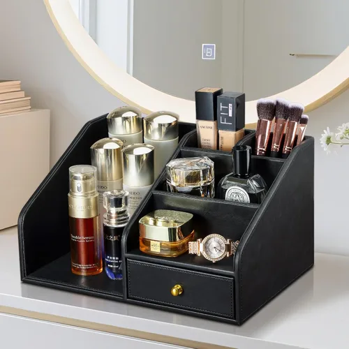 Miniatura 6 de KINGFOM Organizador de escritorio de piel sintética, organizador de escritorio multifunción con 6 compartimentos y accesorios para suministros