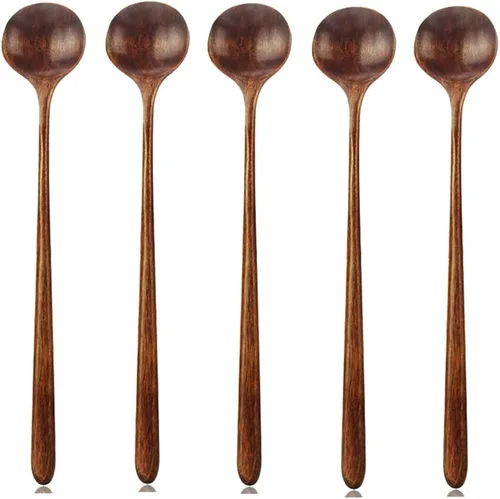 Miniatura 10 de 1 cuchara de madera de olivo, 11 pulgadas, estilo coreano, mango largo, cucharas redondas ranuradas de madera para mermelada de oliva