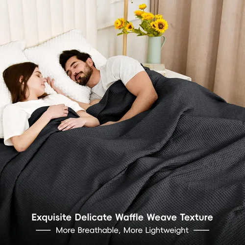 Miniatura 9 de PHF Manta de Tiro de Tejido Gofre 100% Algodón 50" x 60" - Ligera Lavada Suave Transpirable para Adultos y Niños - Capa Perfecta para Sofá Cama Negro
