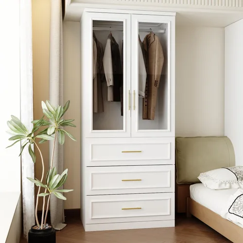 Miniatura 11 de FUFU&GAGA Armario estrecho con 2 puertas, moderno armario blanco para dormitorio con asas doradas, armario moderno de almacenamiento de ropa