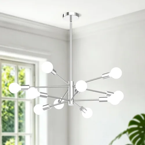 Miniatura 12 de Candelabros Sputnik Modernos para Comedor, Altura Ajustable Semi Empotrado Negro y Dorado Candelabro Lámpara de Techo Montaje 6 Luces Mediados