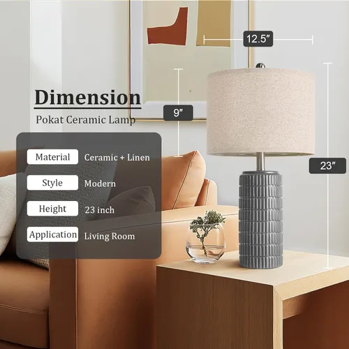 Miniatura 4 de PoKat Juego de 2 lámparas de mesa de cerámica gris oscuro de 23 pulgadas para sala de estar, lámparas de noche modernas para dormitorio, lámpara