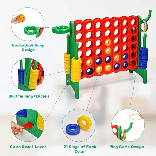 Miniatura 6 de GLACER Giant 4-in-A-Row, Jumbo 4-to-Score Giant Game Set, Outdoor Connect-All-4 Game Set w/Basketball Hoop, Ring Toss, Quick-Release Slider, 42 Verde