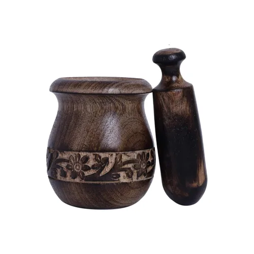Miniatura 3 de Molinillo de especias de mortero y mortero hecho a mano de madera Okhli para hierbas, guacamole, pesto y especias, juego de mortero y mortero