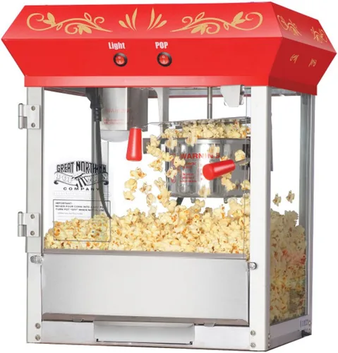 Great Northern Popcorn Company Máquina para hacer palomitas de maíz roja de 6 oz, estilo antiguo de cine, con base estilo teatro de cine