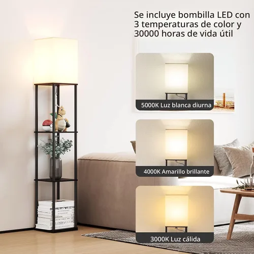 Miniatura 2 de SUNMORY Lámpara de pie con estantes, moderna lámpara de pie cuadrada con bombilla de temperatura de 3 colores, lámpara de estantería de exhibición