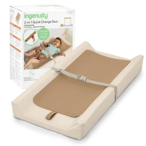 Ingenuity Cambiador doble 2 en 1 de cambio rápido con forro de viaje, vinilo lavable, resistente al agua, lados contorneados y correa de seguridad