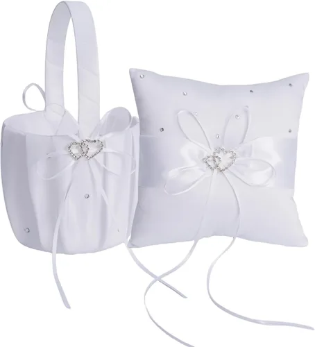 Miniatura 10 de QIRMIZI Juego de almohada para anillo de boda y cesta para niña de las flores, adornado con diamantes de imitación, satén blanco, azul