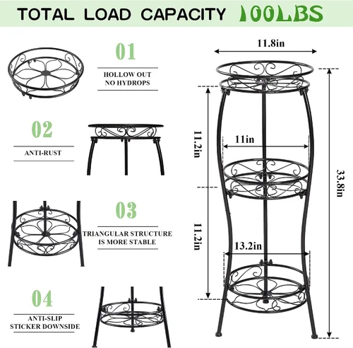 Miniatura 3 de VECELO Soporte de metal para plantas de 3 niveles para interiores, resistente al óxido, estable de 33.8 pulgadas de alto, soporte decorativo