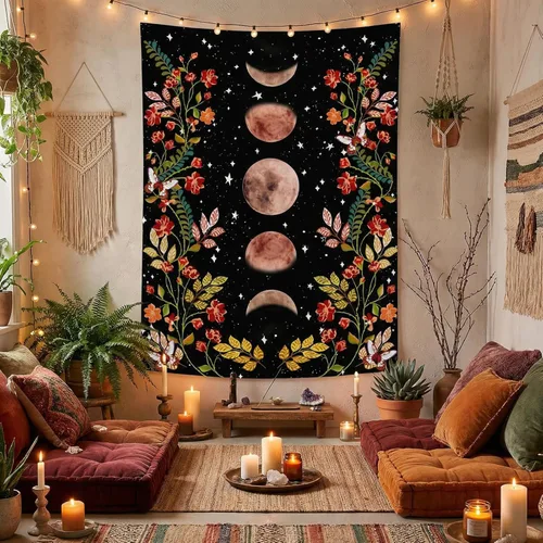 Miniatura 3 de Lifeel - Tapiz de jardín con luz de luna, fase lunar rodeada de vides y flores, tapiz negro para decoración de pared