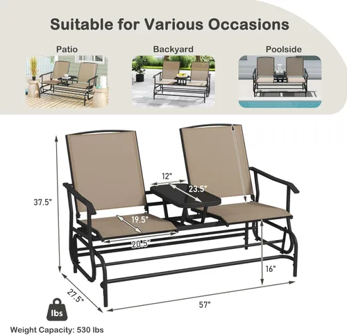 Miniatura 3 de Tangkula Silla mecedora para 2 personas, sofá biplaza mecedora para patio con mesa central de vidrio templado, banco de columpio para exteriores