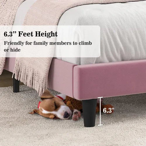 Miniatura 6 de Allewie - Base de cama tamaño Full con cabecera acolchada tapizada en terciopelo y diseño acanalado vertical; plataforma de cama con resistentes Rosa