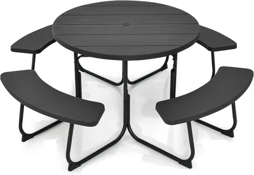 Miniatura 9 de Tangkula Mesa de Picnic para 8 Personas, Mesa de Picnic Redonda para Exteriores con 4 Bancos Incorporados, Agujero para Sombrilla, Estructura