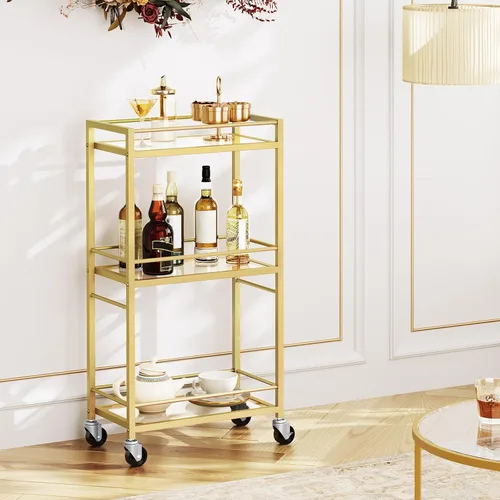 Miniatura 2 de MAHANCRIS Carrito de bar para el hogar, carrito de bebidas de 3 niveles con ruedas, carrito de servicio de bar en casa, carrito de mini bar