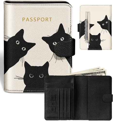 Miniatura 12 de Slohif Funda para pasaporte para viajes, para mujeres y hombres, bloqueo RFID, protector de pasaporte para tarjetas de tarjeta de embarque, Negro