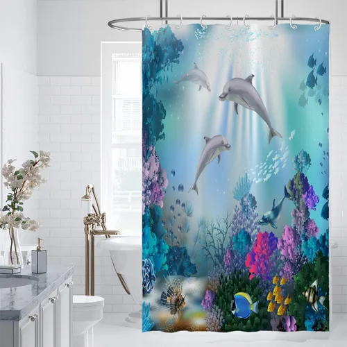 Yeele Cortina de ducha con diseño de delfín, diseño de animales submarinos, tropical, con temática de vida silvestre, océano, azul, para baño,