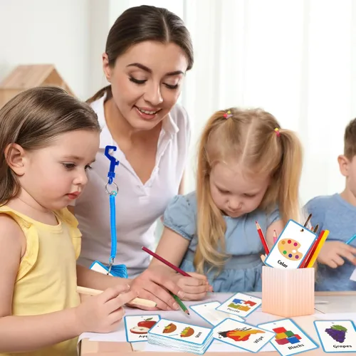 Miniatura 5 de Equsion 81 tarjetas de comunicación para autismo, tablero de comunicación no verbal, tarjetas para autismo con cordón de resorte de plástico Azul