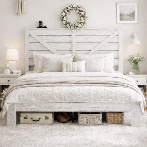Base de cama de tamaño matrimonial con cabecero, plataforma de estilo granja con luces LED, carga USB, sin somier, fácil montaje, marco de cama