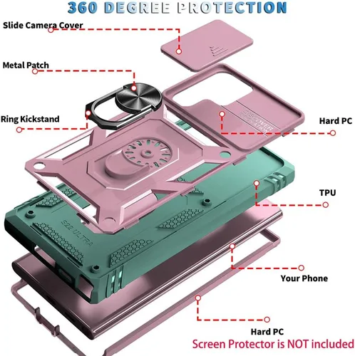 Miniatura 5 de Funda para Samsung Galaxy S22 Ultra 5G con ranura para tarjetero de cámara deslizante, grado militar, resistente, a prueba de golpes, funda de tres
