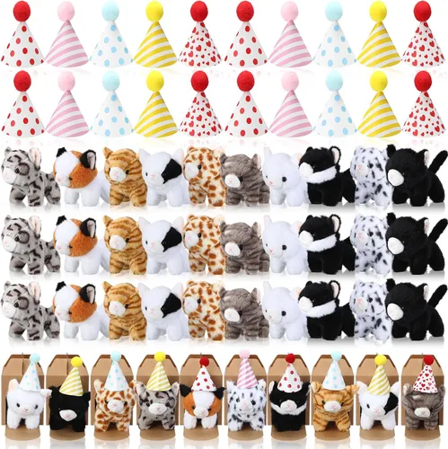 Miniatura 10 de Juego de 20 Mini Juguetes de Peluche Animales de Peluche Perros con Sombreros de Cumpleaños Cajas de Papel Kraft Cachorros de Peluche Pequeños