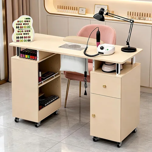 Miniatura 12 de Mesa de manicura HolaiNail, mesa para uñas con recolector de polvo, apoyabrazos, ruedas, cajón y gabinete, estación para salón de belleza, negra