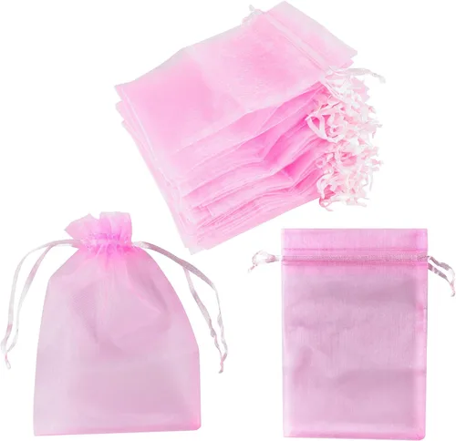 Super Z Outlet Paquete de 100 mini bolsas transparentes de organza transparentes con cordón de 4 x 6 pulgadas, bolsas de joyería para bodas, Rosa
