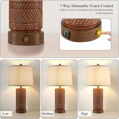 Miniatura 2 de RORIA Juego de 2 lámparas de mesa vintage táctiles para sala de estar, lámpara de mesita de noche regulable de 3 vías con 2 puertos USB, lámparas