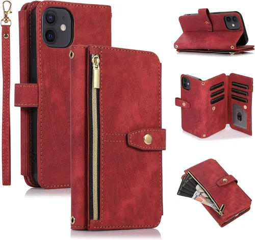 Miniatura 35 de UEEBAI Funda tipo cartera para iPhone 12 Mini de 5.4 pulgadas, retro 9 ranuras para tarjetero, bolsillo con cremallera, cierre magnético, función
