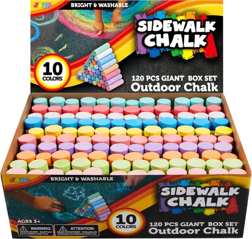 JOYIN 120 tizas para acera para niños, caja gigante, no tóxica, jumbo, color jumbo, lavable, tiza para acera para niños pequeños en 10 colores