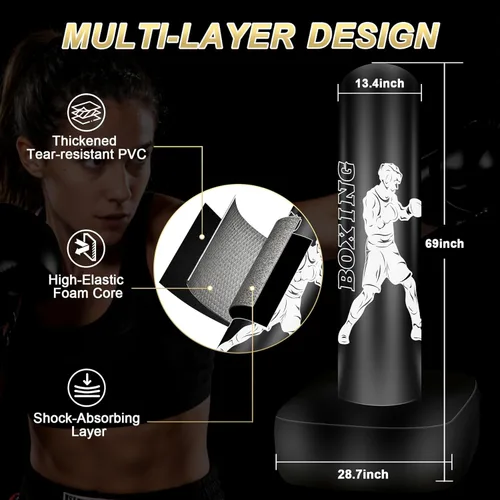 Miniatura 3 de Punching Bag for Adults, 70" Boxing Bag with Stand, Freestanding Heavy Bag with Boxing Gloves, Reflex Ball Set, Kickboxing Bag Training Equipment