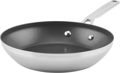 KitchenAid - Cacerola de acero inoxidable cepillada base de 3 capas con tapa