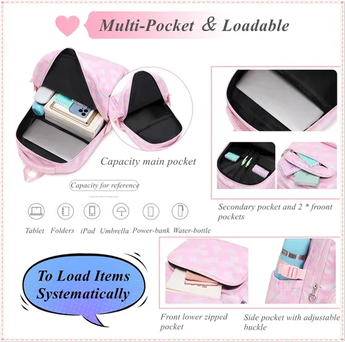 Miniatura 4 de Juego de 3 mochilas para niñas con bolsa de almuerzo a juego, mochila escolar para niñas