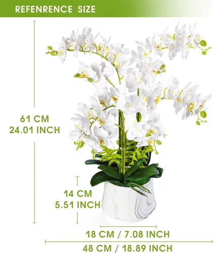 Miniatura 2 de W&W Plantas y flores artificiales de orquídea con jarrón, orquídea de seda sintética falsa en maceta de cerámica, 24 pulgadas, color blanco