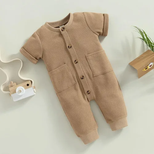 Miniatura 8 de Mubineo Mameluco de manga corta con botones lisos, básicos, para el verano, otoño