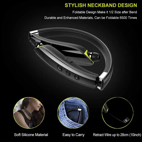Miniatura 8 de BEARTWO Auriculares Bluetooth, auriculares con banda para el cuello plegables y inalámbricos mejorados con auriculares retráctiles, auriculares